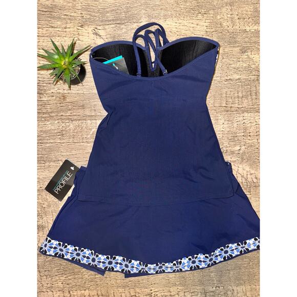 Gottex Blue Mosaic Tankini Swimdress Skirt Set Sz 8 | Retro Chic Modest Swimsuit - Picture 2 of 8